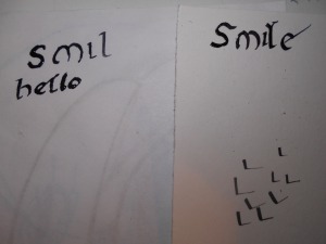On the left is the writing of one of the period reproduction pens on a level surface.  On the right is the same pen on a 45 degree slanted surface.